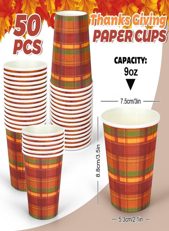 Whaline Fall Thanksgiving Paper Cups Autumn Disposable Cups Orange Red Green Buffalo Plaid Checkered Party Cup for Juice Coffee Hot Cold Drink Thanksgiving Party Supplies Table Decor, 9oz 50Pcs - Image 2